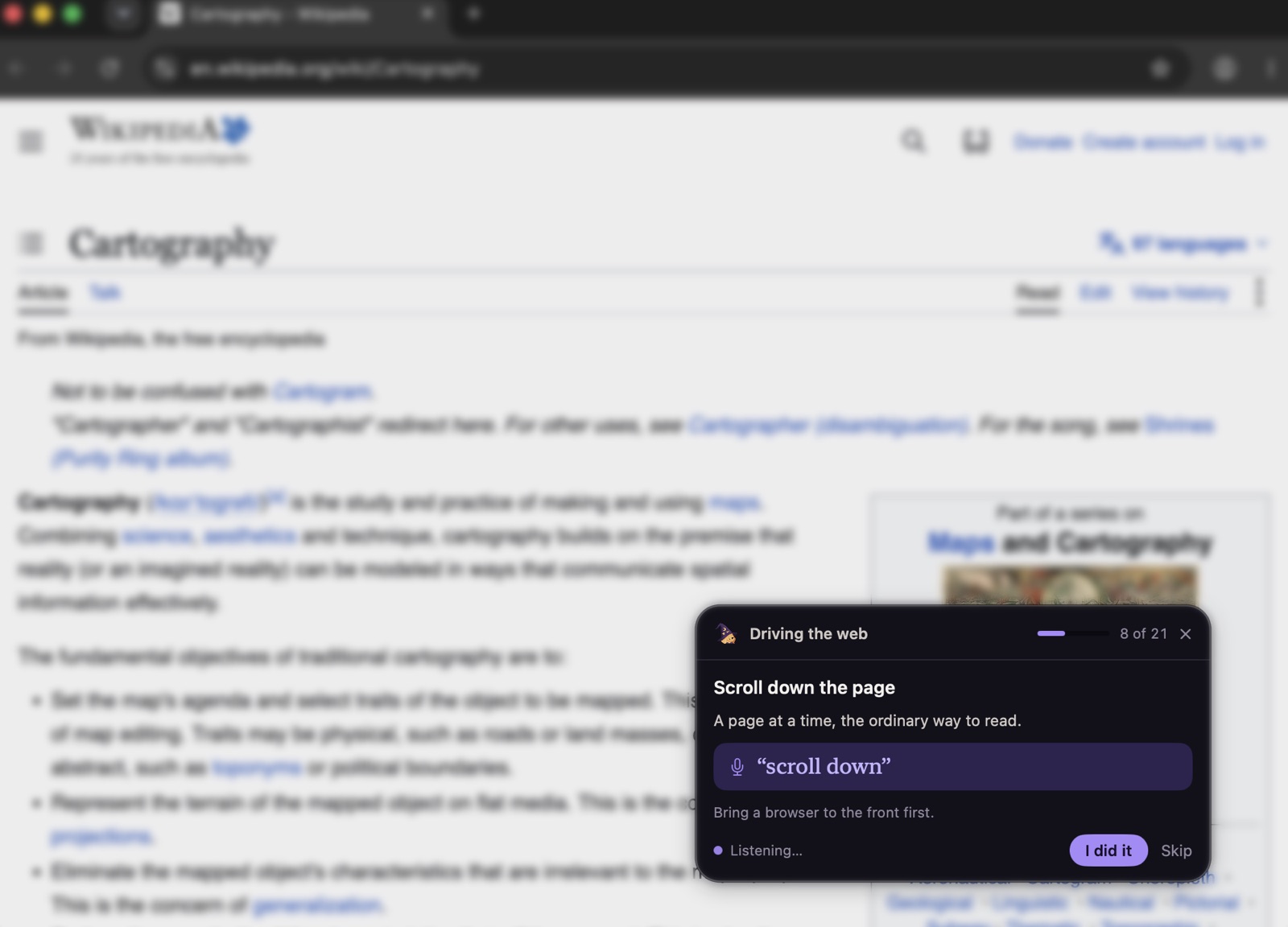 A dark Starky lesson card floating in sharp focus over a long article open in a web browser, the page behind it softly blurred. The card reads "Scroll down the page", shows the phrase "scroll down" to say, and has an "I did it" button, with a progress bar reading 8 of 21.