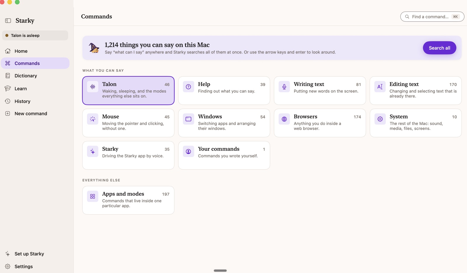 The Starky app open on Commands, showing 1,214 things you can say on this Mac, grouped into cards: Talon, Help, Writing text, Editing text, Mouse, Windows, Browsers, System, Starky, and your own commands.