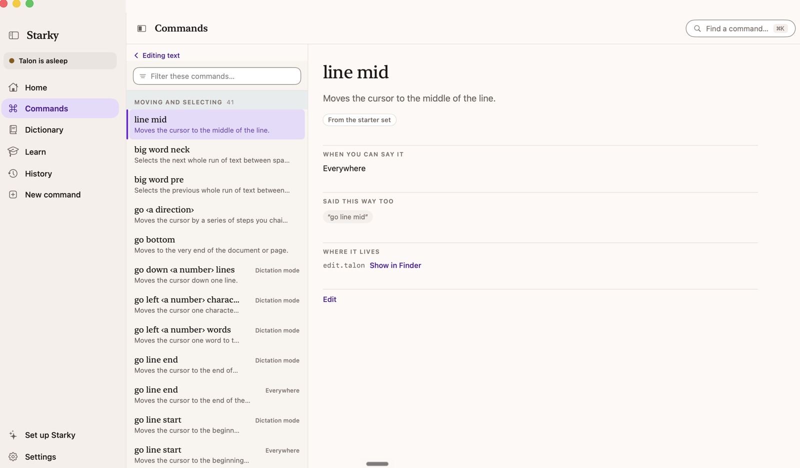 Starky's command library. A filterable list of editing commands sits beside the detail for the one selected, which says what it does, where you can say it, the other ways to say it, and where it lives.