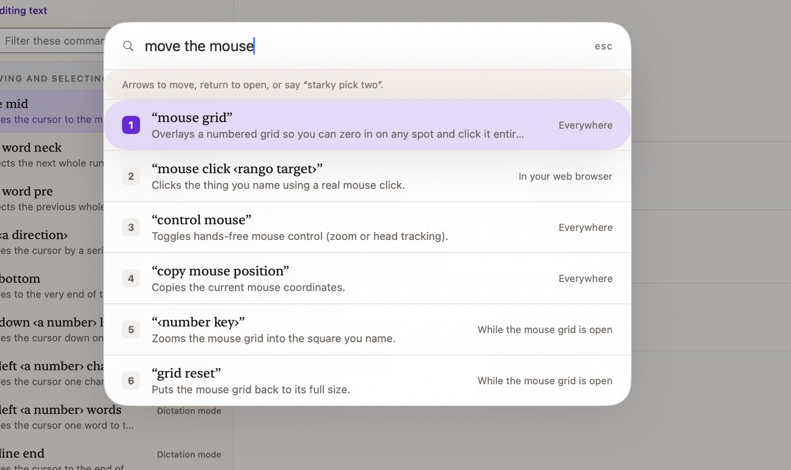 Starky's search open over the command library. The query reads "move the mouse" and six numbered results come back, each with a plain description and where it works.